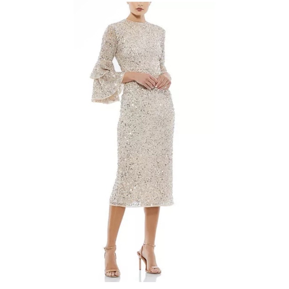 NWT Mac Duggal FULLY SEQUINED TIERED 3/4 SLEEVE MIDI Nude Size 6